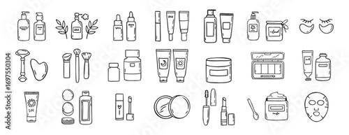 make up beauty doodle hand drawn icon set. Outline drawing cosmetics line clipart symbol