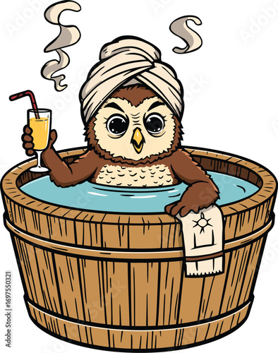 Funny Cartoon Owl Sauna T-Shirt Illustration, funny cartoon owl relaxing in a hot sauna tub with steam rising, towel wrapped on head, holding juice glass, humorous comic line art, vintage t-shirt