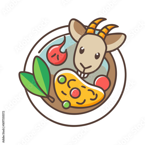 Cartoon Goat with Pizza Slice and Flame Icon Illustration