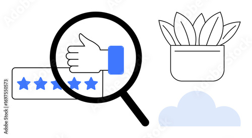 Magnifying glass focuses on a thumbs-up and 5-star rating, next to a potted plant and cloud. Ideal for feedback, evaluation, environmental care, online reviews, sustainability, positivity, simple