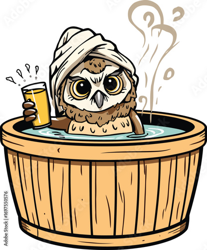 Funny Cartoon Owl Sauna T-Shirt Illustration, funny cartoon owl relaxing in a hot sauna tub with steam rising, towel wrapped on head, holding juice glass, humorous comic line art, vintage t-shirt