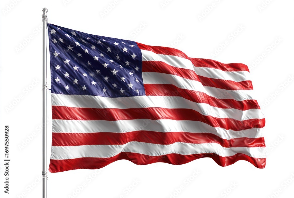 Fototapeta premium Waving flag red/white stripes, blue field with white stars on a white background, on a pole