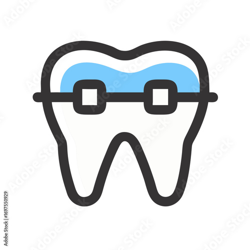 Tooth with blue braces, orthodontic treatment concept illustration