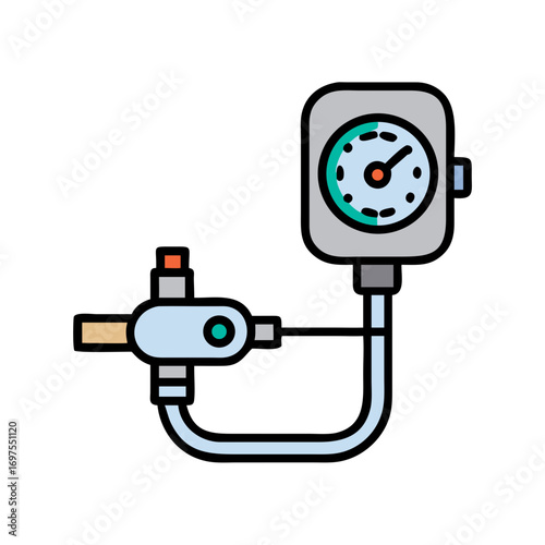 Industrial pressure gauge with pipes on black background flat