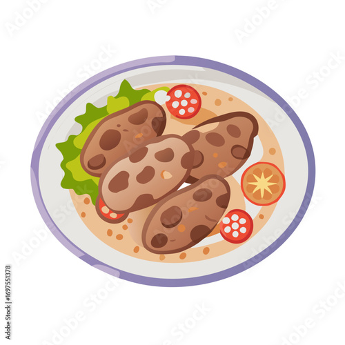 Stylized illustration of a plate with cutlets and salad