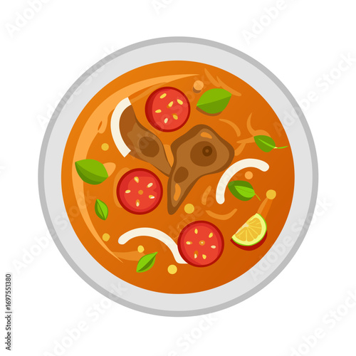 Top view vector illustration of delicious Thai Tom Yum soup