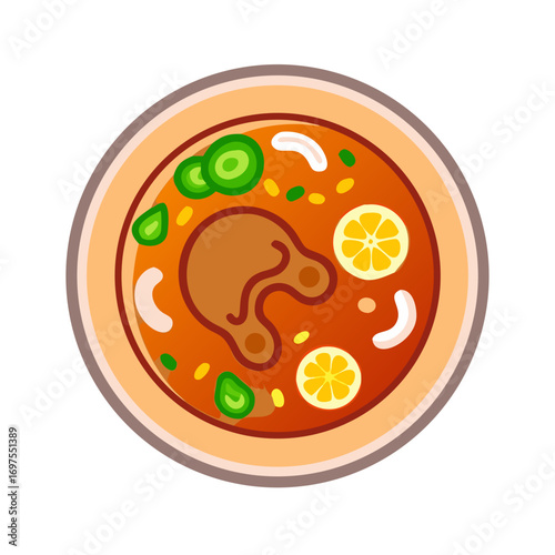 Bowl of savory soup with meat and vegetables illustration
