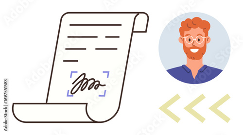 Rolled document with signature block and portrait of a man with glasses and beard. Ideal for digital identity, legal agreement, authenticity, approval, business deal, signature verification, simple