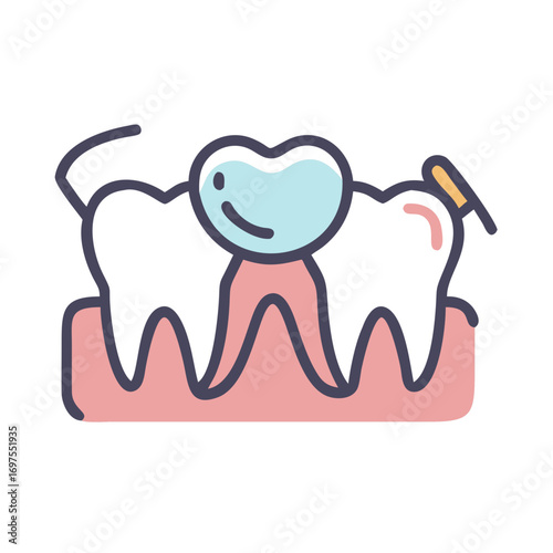 Simplified illustration of teeth with cavity and dental care