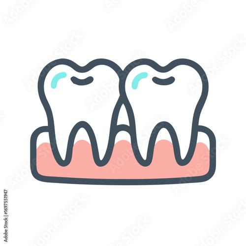 Two cartoon teeth seated on gums flat vector illustration