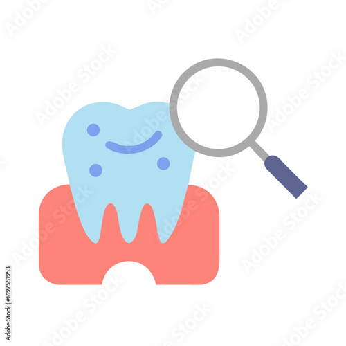 Flat illustration of tooth examination with magnifying glass on black
