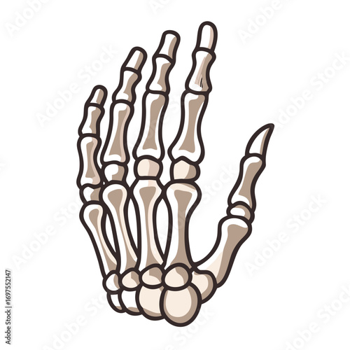 Cartoon skeleton hand illustration against a stark black background