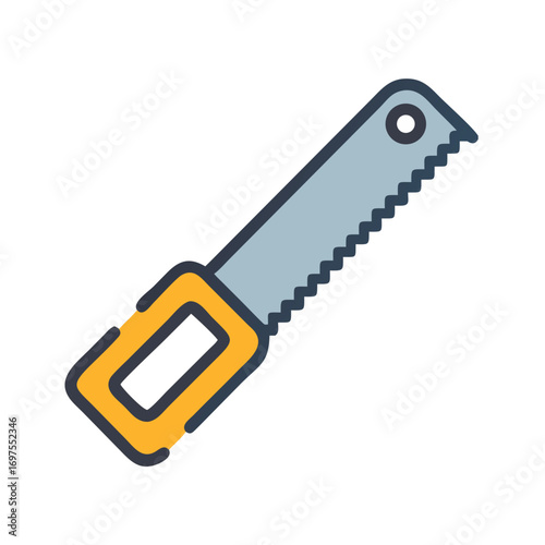 Illustration of hand saw, construction equipment on black background