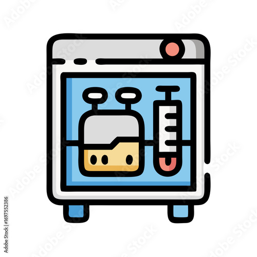 Icon illustration of laboratory incubator with scientific instruments inside