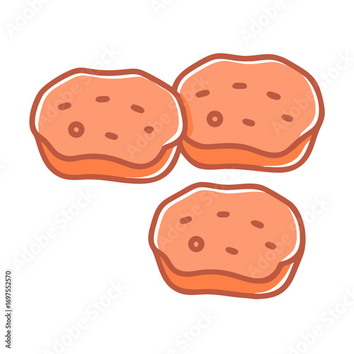 Cartoon style peach colored food patties on black background