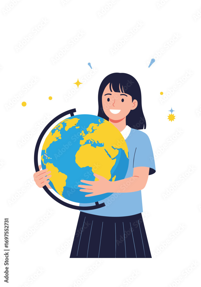 Fototapeta premium Happy young woman holding the earth globe in her hands