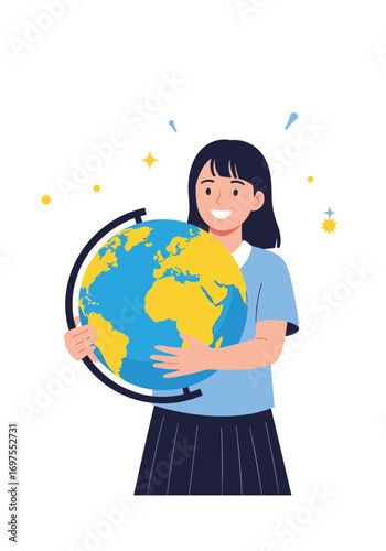 Happy young woman holding the earth globe in her hands