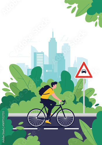 Man cycling on road with cityscape and greenery background and traffic sign