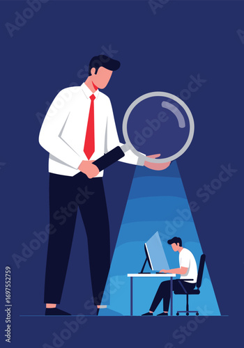 Big boss inspecting small employee working on computer under magnifying glass light