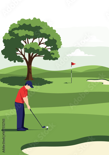 Golfer takes swing on lush green course under cloudy sky