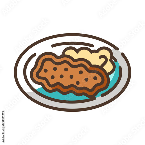 Vector Illustration: Schnitzel and Mashed Potatoes on a Plate