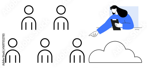 Manager holding clipboard, guiding team symbolized by stick figures toward a cloud. Ideal for teamwork, leadership, collaboration, remote work, management, cloud technology, simple landing page