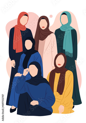 Diverse group of women wearing modern hijabs and modest clothing fashion styles