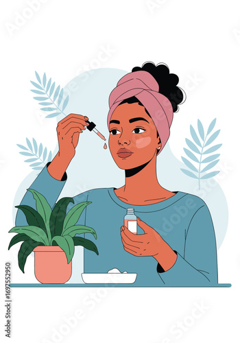 Woman applying skin care serum with dropper to her face