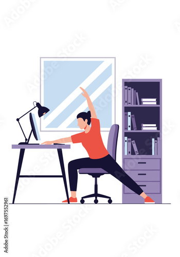 Woman doing office stretching exercises at her desk during workday