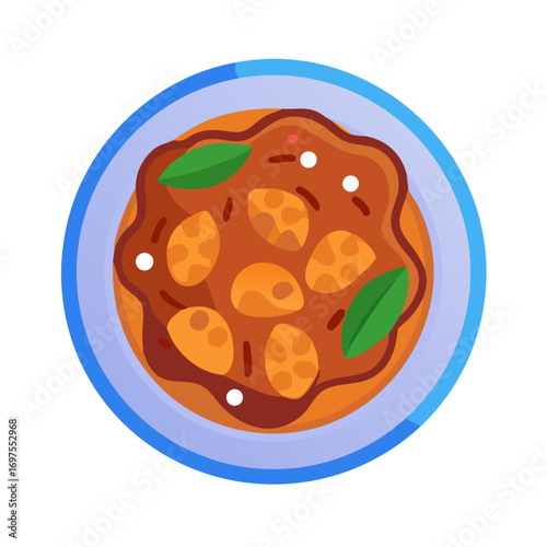 Colorful dish of curry with vegetables viewed from above