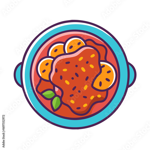 Illustration of a stew in a turquoise bowl, flat style