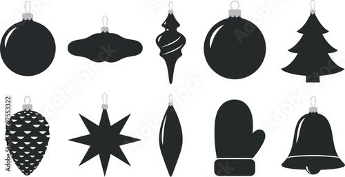 Collection of festive black Christmas ornaments, including a tree, bell, mitten, and pinecone.
