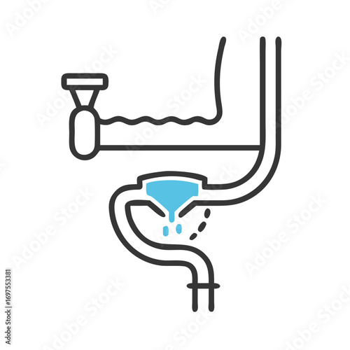 Stylized plumbing system illustration on black background with blue liquid