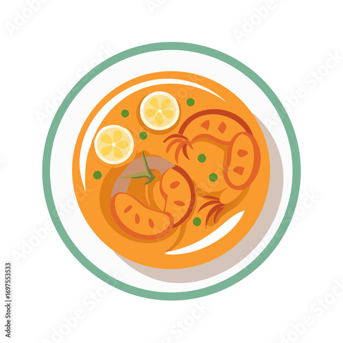 Stylized Shrimp Soup Bowl with Lemon and Green Peas