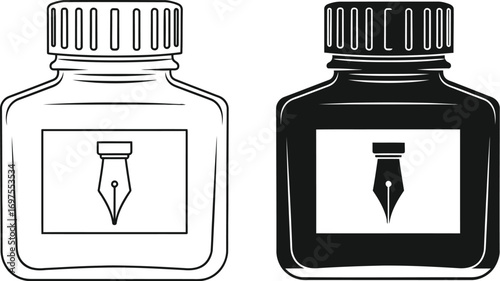 Classic ink bottles with fountain pen nib icon, one black and one outline, symbolizing writing and creativity.