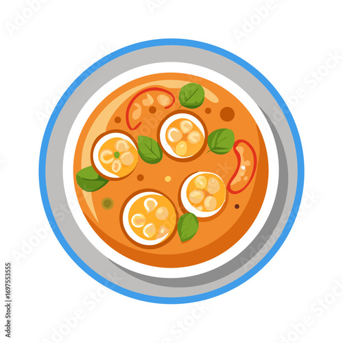 Stylized vegetable soup illustration with zucchini and basil garnish