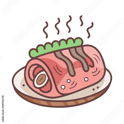 Cartoon meat roll dish with topping on black background
