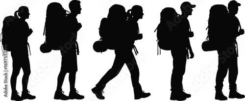 Silhouettes of hikers with backpacks walking in a line, embodying adventure and exploration.