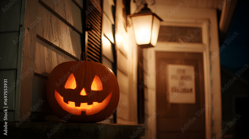 Fototapeta premium A jackolantern sits on a porch next to a vintage lantern, casting a warm glow on the door, creating a spooky and inviting halloween scene