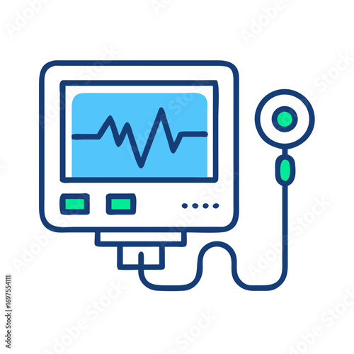 Stylized electrocardiogram machine illustration in blue and green hues