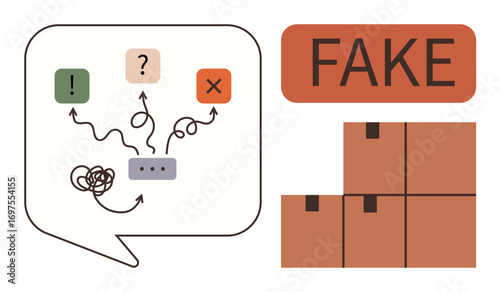 Speech bubble with symbols of confusion and decision points, large Fake label, cardboard boxes. Ideal for misinformation, fake goods, fraud detection, logistics, e-commerce, decision-making