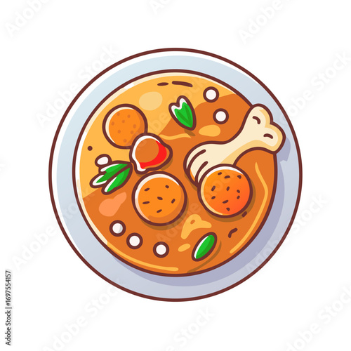 Cartoon illustration of chicken stew with vegetables in bowl