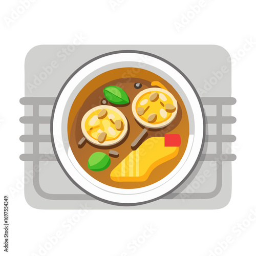 Colorful flat lay illustration of Asian soup on tray