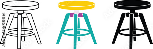 Three adjustable stools in black, white, and colorful designs
