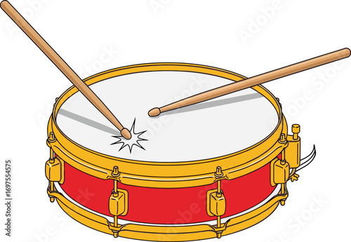 Drumsticks striking a red snare drum with white head in a musical performance