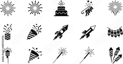 Celebration icons featuring fireworks, party poppers, rockets, and cake.