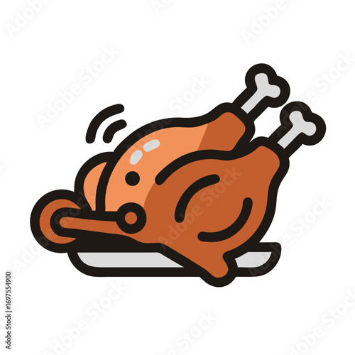 Roasted chicken on plate, stylized graphic illustration on black