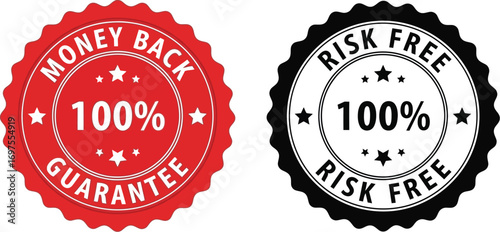 Two assurance seals, one red for money back guarantee and one black for risk free purchase.