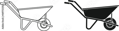 Two simple illustrations of a wheelbarrow, one in outline and one in solid black