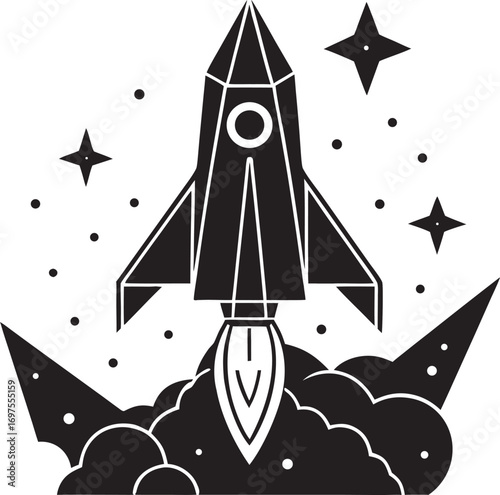 Black rocket launching with stars and smoke space spaceship